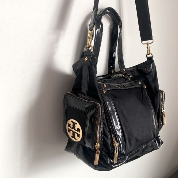Tory Burch Black Patent Leather Duffle Bag Gold Plates detachable strap 2 ways - Picture 1 of 12